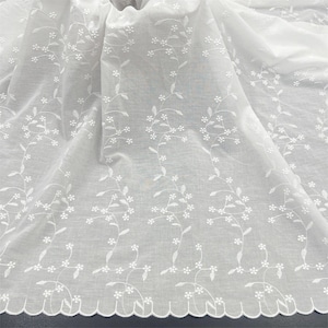 Beautiful Leaves Flowers Embroidered Cotton Fabric in Off white for Tablecloth, Curtains, Costumes, Dresses