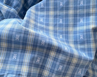 Blue Cotton Plaid Fabric, Cute Bear Embroidered Fabric, Embroidery Cotton Fabric for Baby Clothes, Shirts, Overskirt, Tablecloth