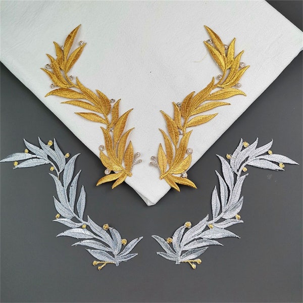 Golden Embroidery Leaf Applique, Silver Leaf Patch for Lyrical Dance, Performance Ballet tutu, Bridal, Illusion Gown, Clothing decor