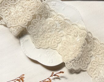 Retro Style Floral Cotton Embroidered Mesh Lace Trim, Scallops Border Trim for Sewing Dress, DIY Costume, Skirt, Cuff