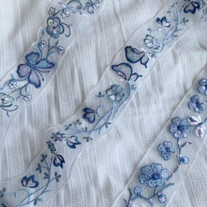 Embroidery Bridal Couture Lace Trim in Dusty Blue, Sequined Butterfly Flowers Vine Trim, Cuff Collar Quilting Lace, DIY Sewing Sash Strap