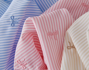 Embroidery Bow Striped Poly-cotton Fabric, Shirting Blue / Pink White Fabric, School Costume, Skirt Lace, Doll Dress Quilting Sewing