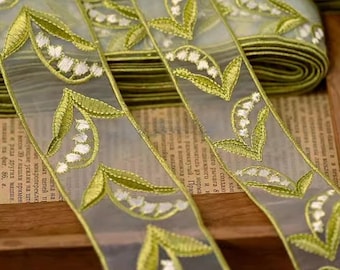 Green Lily of the Valley Flower Embroidery Trim, Floral Organza Lace for Doll Dress, Wedding Dress, Headband, Skirt, Sash