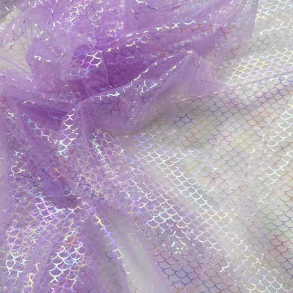 Tulle Mermaid Fabric, Iridescent Fish Scale Print Tulle Lace Fabric for Tutu Dress, Backdrop, Maxi Dress, Gown