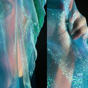 Farbverlauf Laser Stretch Organza Spitze Stoff, Blau ombre schiere Stoff für Canonicals, Performance Kostüme, Abschluss Projekte, volles Kleid