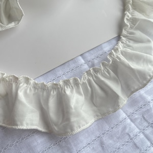 May include: Close-up of a white, ruffled fabric detail. The fabric appears to be a part of a garment, possibly a blouse or dress, with a delicate, textured pattern visible beneath the ruffled edge. The ruffles add a soft, feminine touch.