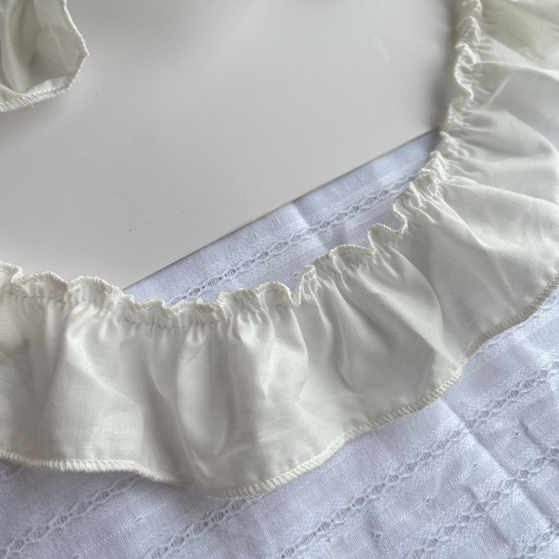 May include: Close-up of a white, ruffled fabric detail. The fabric appears to be a part of a garment, possibly a blouse or dress, with a delicate, textured pattern visible beneath the ruffled edge. The ruffles add a soft, feminine touch.