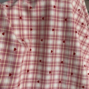 Pink Plaid Fabric with Flocked Red Hearts, Embroidery Checkered Fabric for Suits, Skirt, Girl Dress, Shirt, Designer Fabric image 8