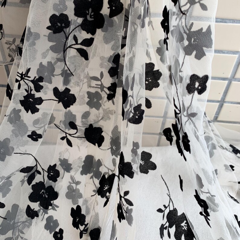Black Flowers Flocking Lace Fabric, Flocked Floral Tulle Lace Fabric for Bridal Veil, Wedding Gown, Tutu Dress, Lace Top, 1 Yard image 13