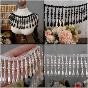 Pearl Beaded Tassel Trim Dangling Fringe Beaded Trim for DIY Dance Dress Home Decor Doll Dress Costumes Curtain Sold By Yard
