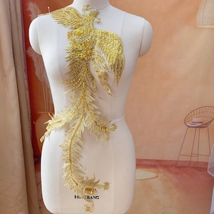 Large Phoenix Embroidery Applique, Gold Sequins Fly Phoenix Applique Trim for Evening Dress, Costume, Jacket, Wedding Back