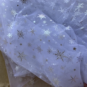 Frozen Print Silver Snowflake Tulle Lace Fabric for Girl Cape, Backdrop, Cospaly, Tutus, Princess Dress, Veil, 17 Colors A: White