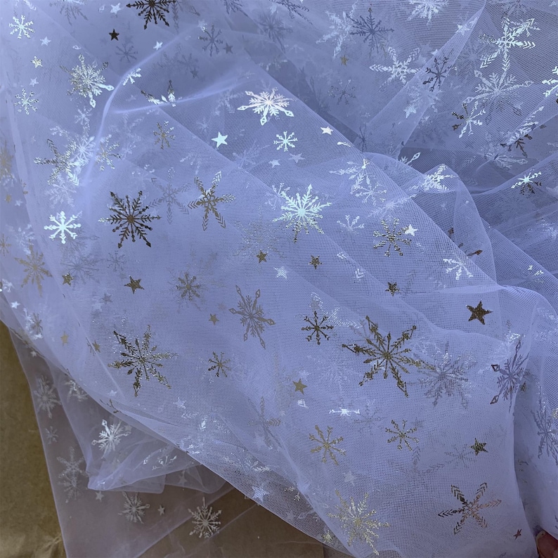 Frozen Print Silver Snowflake Tulle Lace Fabric for Girl Cape, Backdrop, Cospaly, Tutus, Princess Dress, Veil, 17 Colors A: White