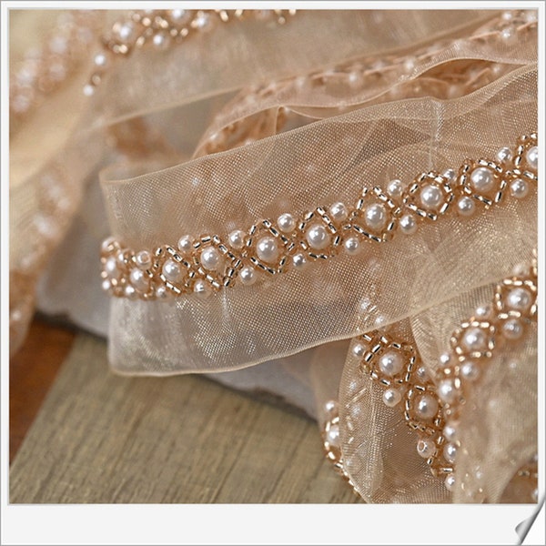 Exquisite Champagne Beaded Trim 1.18" Wide Wedding Beaded Lace for Gown Straps, Headbands, Sashes, Belts or Gift Wrapping