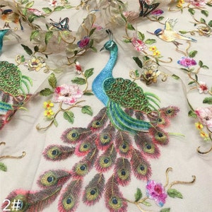 Gorgeous Peacock Embroidery Lace Fabric, Bird Floral Colorful Embroidered Lace Fabric, Wedding Bridal Dress Fabric, Prom Gown Fabric