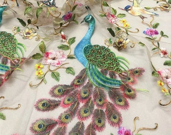 Gorgeous Peacock Embroidery Lace Fabric, Bird Floral Colorful Embroidered Lace Fabric, Wedding Bridal Dress Fabric, Prom Gown Fabric