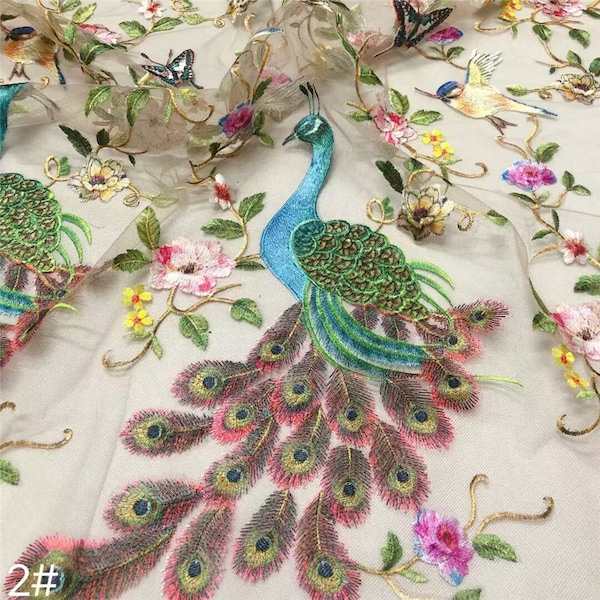 Hermosa tela de encaje bordado de pavo real, tela de encaje bordado colorido floral de pájaro, tela de vestido de novia de boda, tela de vestido de fiesta