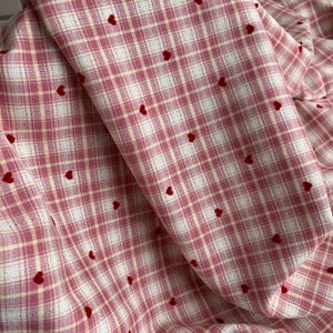 Pink Plaid Fabric with Flocked Red Hearts, Embroidery Checkered Fabric for Suits, Skirt, Girl Dress, Shirt, Designer Fabric image 6