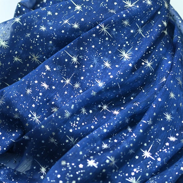 Navy Stars Organza Fabric, Print Silver Organza Fabric, Foil Celestial Starry Fabric for Party Dress, Musical performance Festival Dress