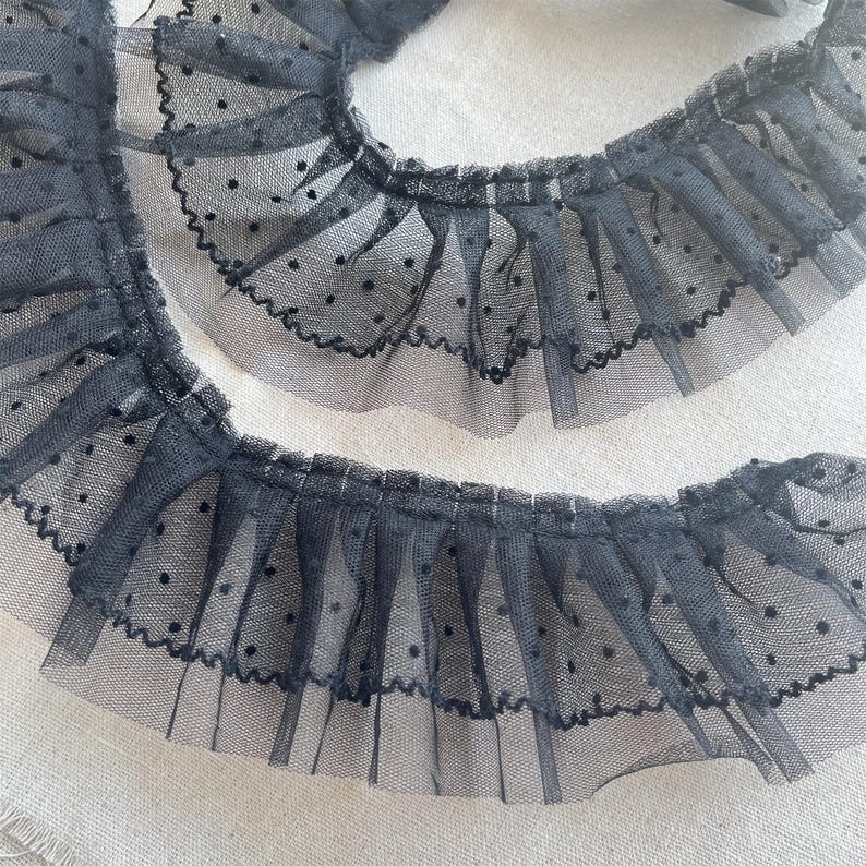Black Ruffle Lace Trim, Dot Lace, Pleated Tulle Lace Trim for Doll Dress, Sleeve, Skirt Edge, Tutu Dress, 2 Yards image 15