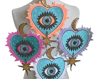 Evil eye Badge, Sequined Heart Stars Moon evil eye, Embroidered eye Patch applique, Sew Patch For Jeans Jacket T-shirt, Beach Party, 1 pcs