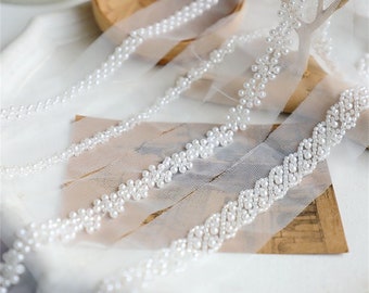 Off white Beaded Lace Trim, Wedding Sashes Beaded Trim, Bridal Lace Trim, Prom Dress Trim, Beaded Mesh Trim, Skirt Edge, Gowns Bottoming