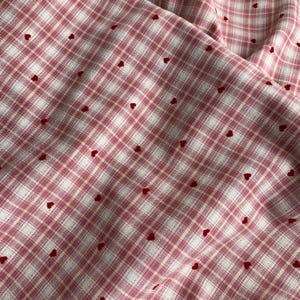 Pink Plaid Fabric with Flocked Red Hearts, Embroidery Checkered Fabric for Suits, Skirt, Girl Dress, Shirt, Designer Fabric image 4