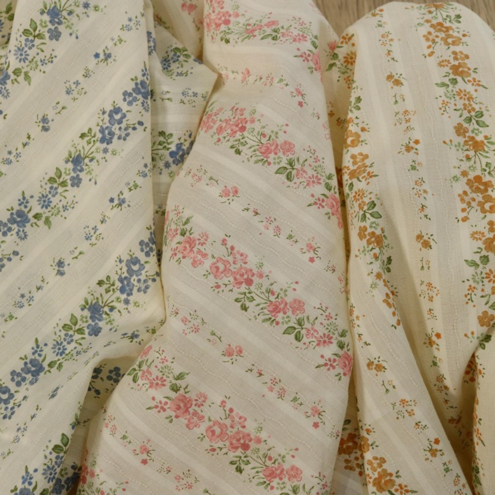 Pretty Wildflower Printed Cotton Fabric, Stripes Cotton Lace