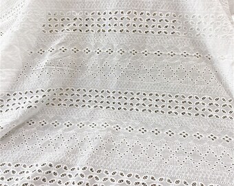 Cotton Fabric, Off white Cotton Lace Fabric, Geometric Motif Embroidery Cotton Fabric for Bridal Dress, Blouse, Tablecloth, Skirt