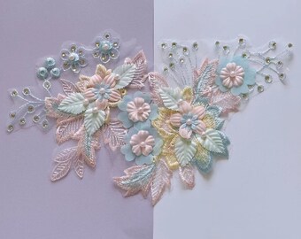 Aplique de encaje Floral 3D con bordado Pastel, bordado de flores de diamantes de imitación con cuentas de varios colores para vestido de princesa, disfraz lírico