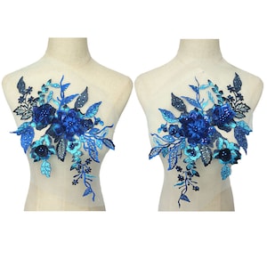 Royal blue 3D flower Lace Applique, Embroidery crystal beaded Sequins Bodice for dance costume, design couture, Embellishment, Craft, 1 pair
