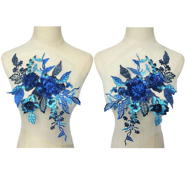 Royal blue 3D flower Lace Applique, Embroidery crystal beaded Sequins Bodice for dance costume, design couture, Embellishment, Craft, 1 pair