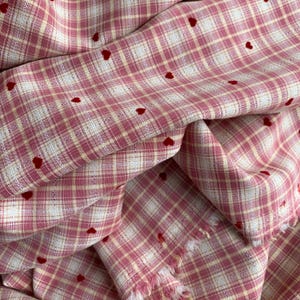 Pink Plaid Fabric with Flocked Red Hearts, Embroidery Checkered Fabric for Suits, Skirt, Girl Dress, Shirt, Designer Fabric Flocked hearts