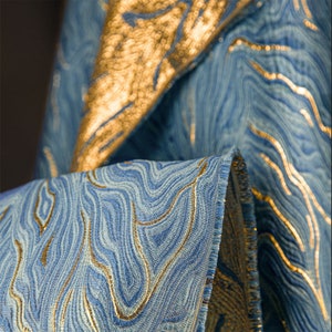 Tela jacquard azul, tela bordada con textura azul y hilos dorados, tela de diseño, tela para vestidos, tela de costura