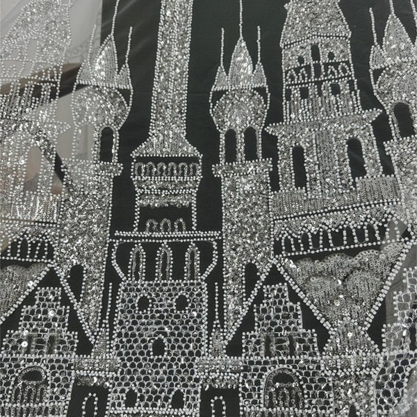 Luxury Heavy Fulled Beaded Sequins Castle House Embroidery Lace Fabric For Wedding Dress Couture Prom Costume Supplies