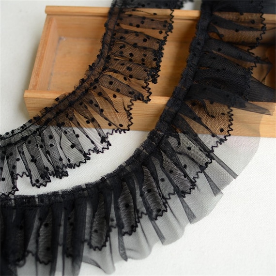 Black Ruffle Lace Trim, Dot Lace, Pleated Tulle Lace Trim for Doll Dress, Sleeve, Skirt Edge, Tutu Dress, 2 Yards