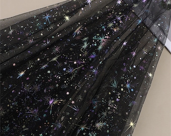 Bronze Foil Starry Wedding fabric, Print Gradient Stars & Celestial Veil supply for Bridal table, Festival outfits, Doll, Dress