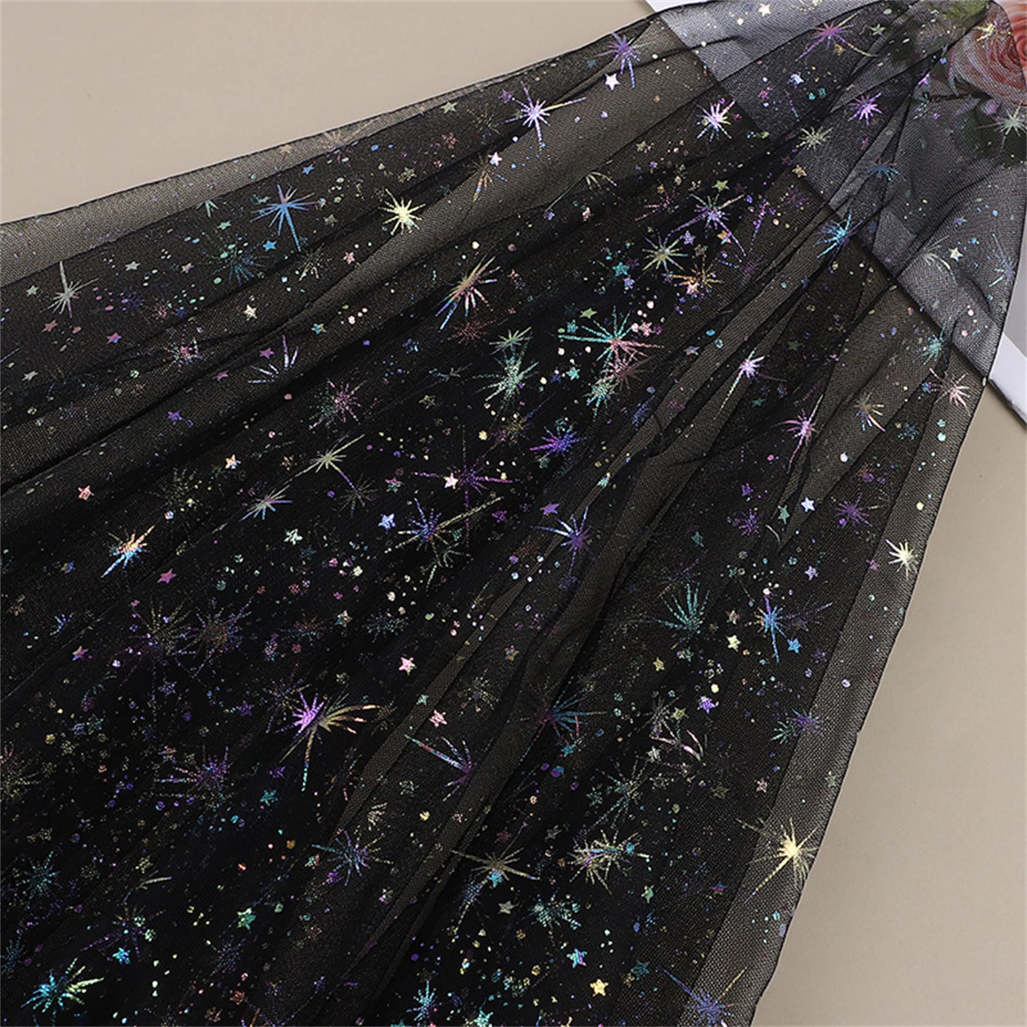 Bronze Foil Starry Wedding fabric, Print Gradient Stars & Celestial Veil supply for Bridal table, Festival outfits, Doll, Dress