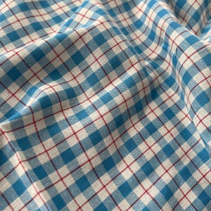 May include: Close-up of a blue and white checked fabric with red accent lines. The fabric has a classic gingham pattern, with a soft, textured appearance. The image shows the fabric folded, creating shadows and depth.