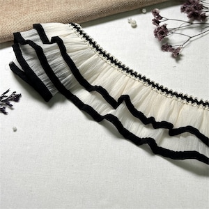 Light Apricot Ruffle Lace Trim, 2 Layers Ruffle Trim, Black Edge Pleated Lace for Skirt, Hem, Socks Decor, Cuff, Costume