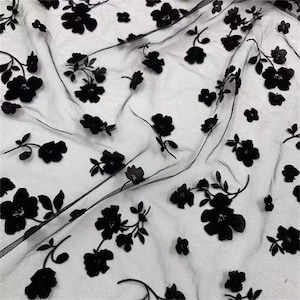 Schwarzer Blumen Beflockter Spitzenstoff, beflockter Blumen Tüll Spitzenstoff für Brautschleier, Hochzeitskleid, Tutu Kleid, Spitzenoberteil, 1 Yard