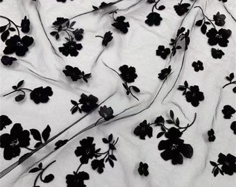 Black Flowers Flocking Lace Fabric, Flocked Floral Tulle Lace Fabric for Bridal Veil, Wedding Gown, Tutu Dress, Lace Top, 1 Yard