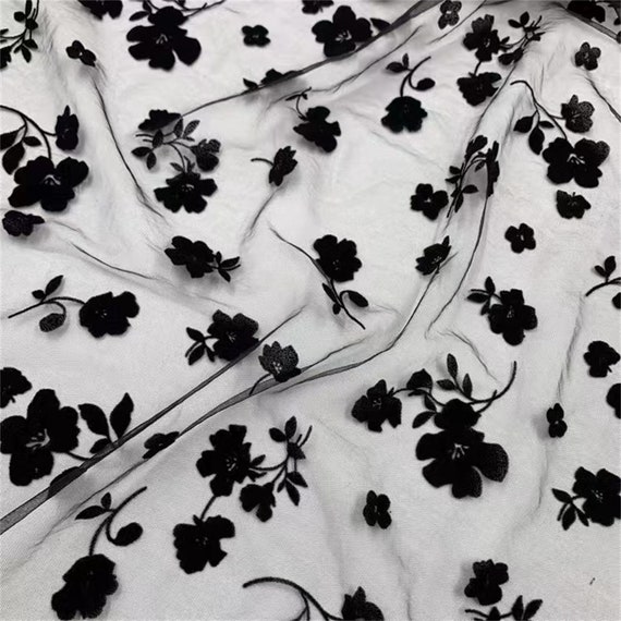 Black Flowers Flocking Lace Fabric, Flocked Floral Tulle Lace Fabric for Bridal Veil, Wedding Gown, Tutu Dress, Lace Top, 1 Yard