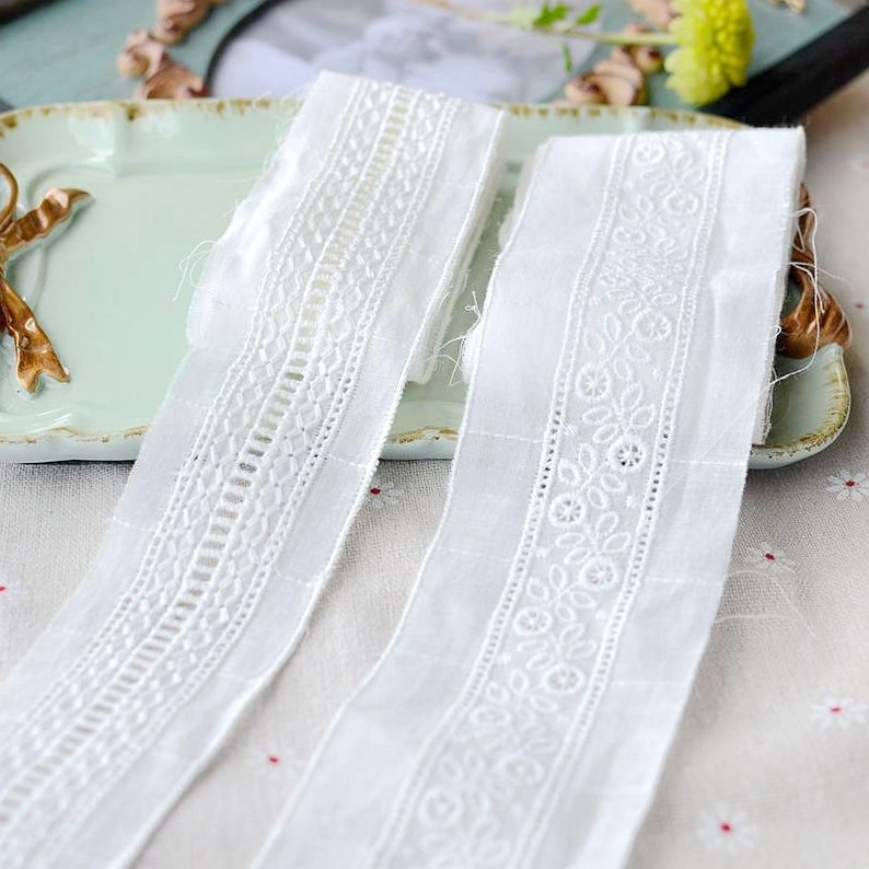 Embroidered Cotton Lace Trim, Narrow Floral Cotton Lace, Cotton Trim in off white, garment sewing trim image 4