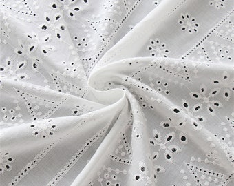 1 Yard Cotton Fabric, Off white Cotton Eyelet Floral embroidered Fabric for Doll Dress, Boho Dress, Lace Top, Garment