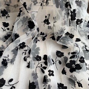 Black Flowers Flocking Lace Fabric, Flocked Floral Tulle Lace Fabric for Bridal Veil, Wedding Gown, Tutu Dress, Lace Top, 1 Yard image 18