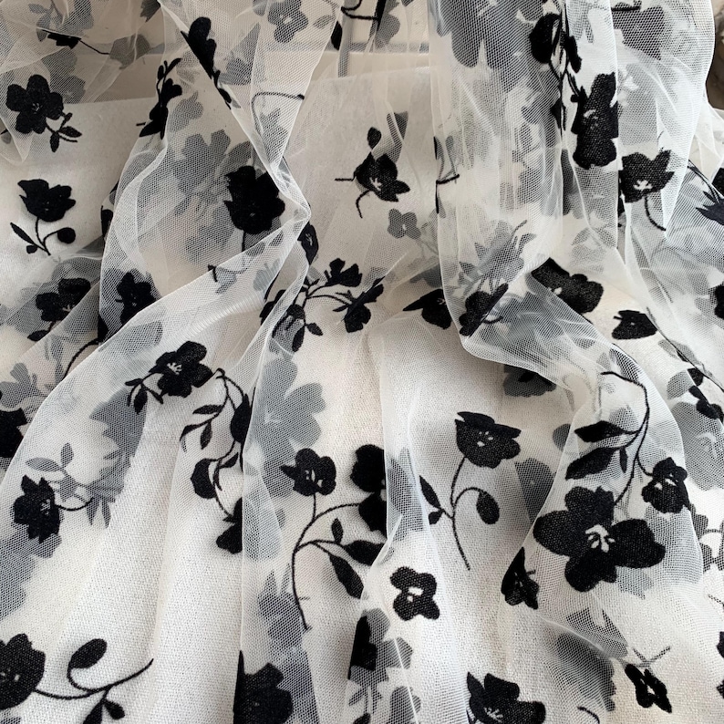 Black Flowers Flocking Lace Fabric, Flocked Floral Tulle Lace Fabric for Bridal Veil, Wedding Gown, Tutu Dress, Lace Top, 1 Yard image 18