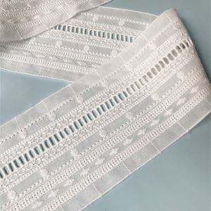 May include: White cotton lace trim with a delicate embroidered pattern. The lace has a scalloped edge and a repeating design of small flowers and geometric shapes.