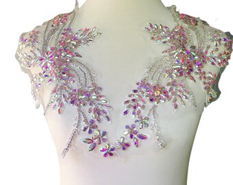 Iridescent Rhinestone 3D Beaded Bridal Bodice Applique, Shiny Crystal Beading Lace Applique with Tulle, Gown Applique