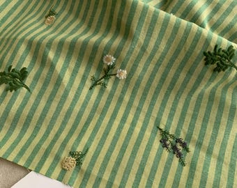 Green Striped Embroidery floral fabric, Cotton and linen flowers fabric for Apron, Picnic hiking tablecloth, DIY Shirting Dress, 1 Yard